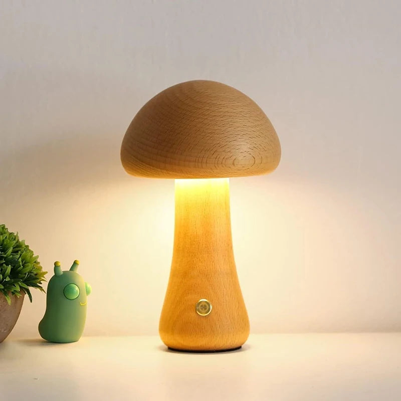 Mushroom Table Lamp LED Night Light with Touch Switch Wooden Cute Bedside Bedroom Children's Room Sleep Night Light Cosy Gift