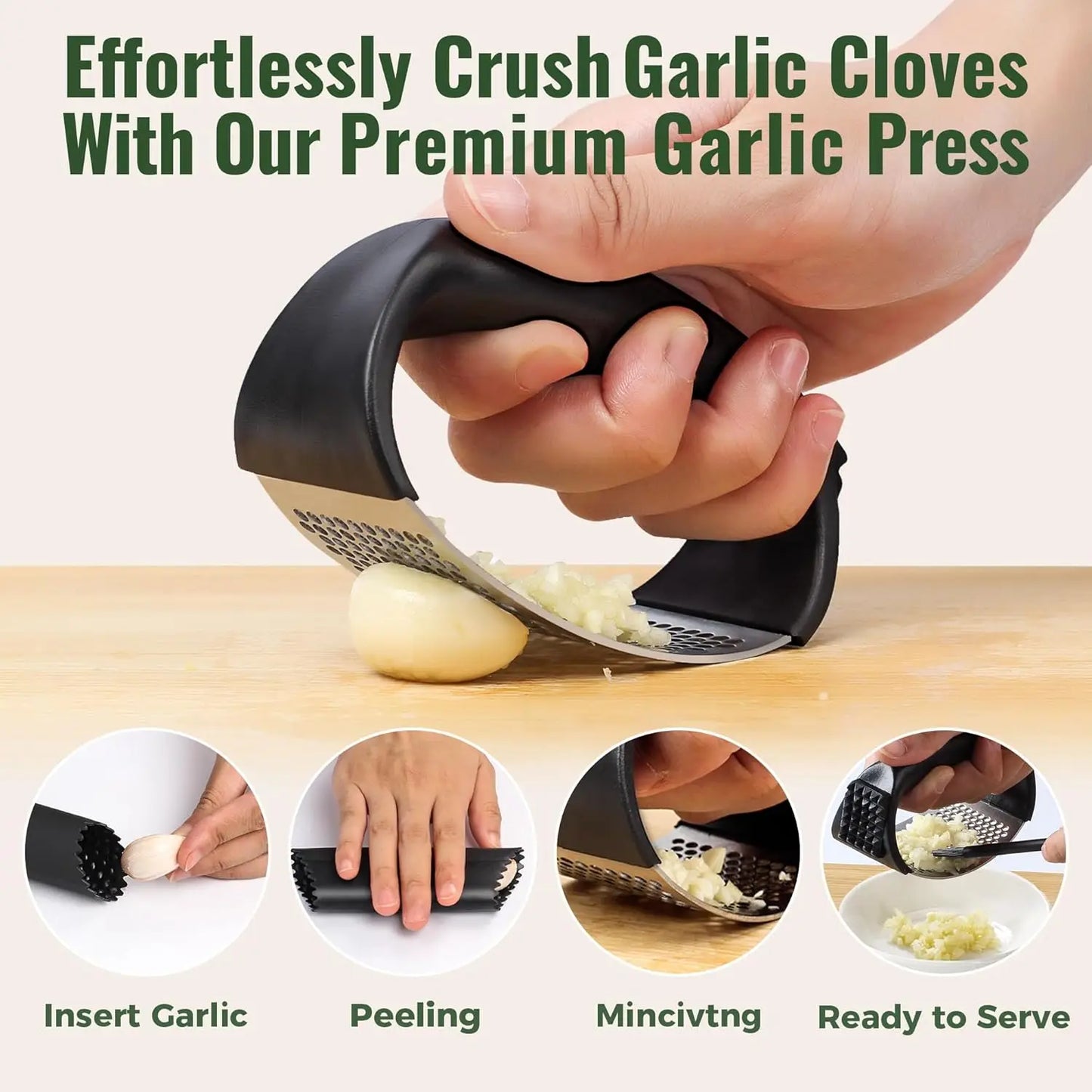 Garlic Press Rocker Stainless Steel Garlic Mincer Garlic Crusher Easy-Squeeze Tool with Peeler and Cleaning Brush for Smashing