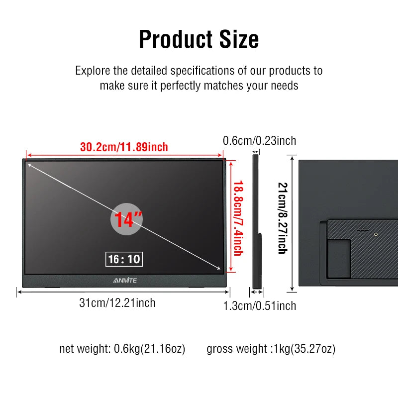 14 Inch Portable  Touch Monitor Non-touch optional 16:10 400cd/m2 Gaming Computer Expand Display For XBox PS4/5 Switch Loptop