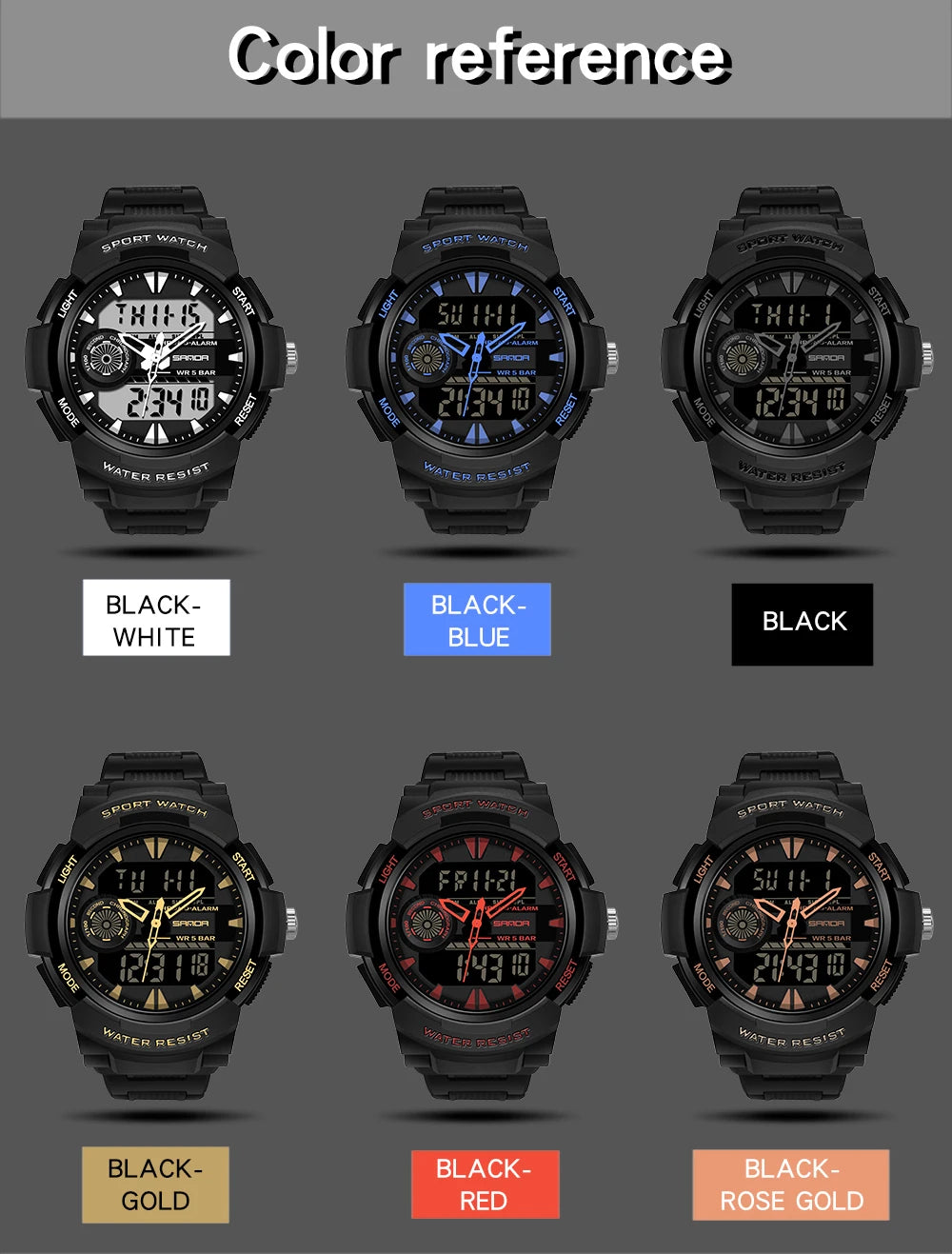 SANDA 6002 Fashion Men's Electronic Watch Sports Multi functional Waterproof LED Dual Display Men's Electronic Watch
