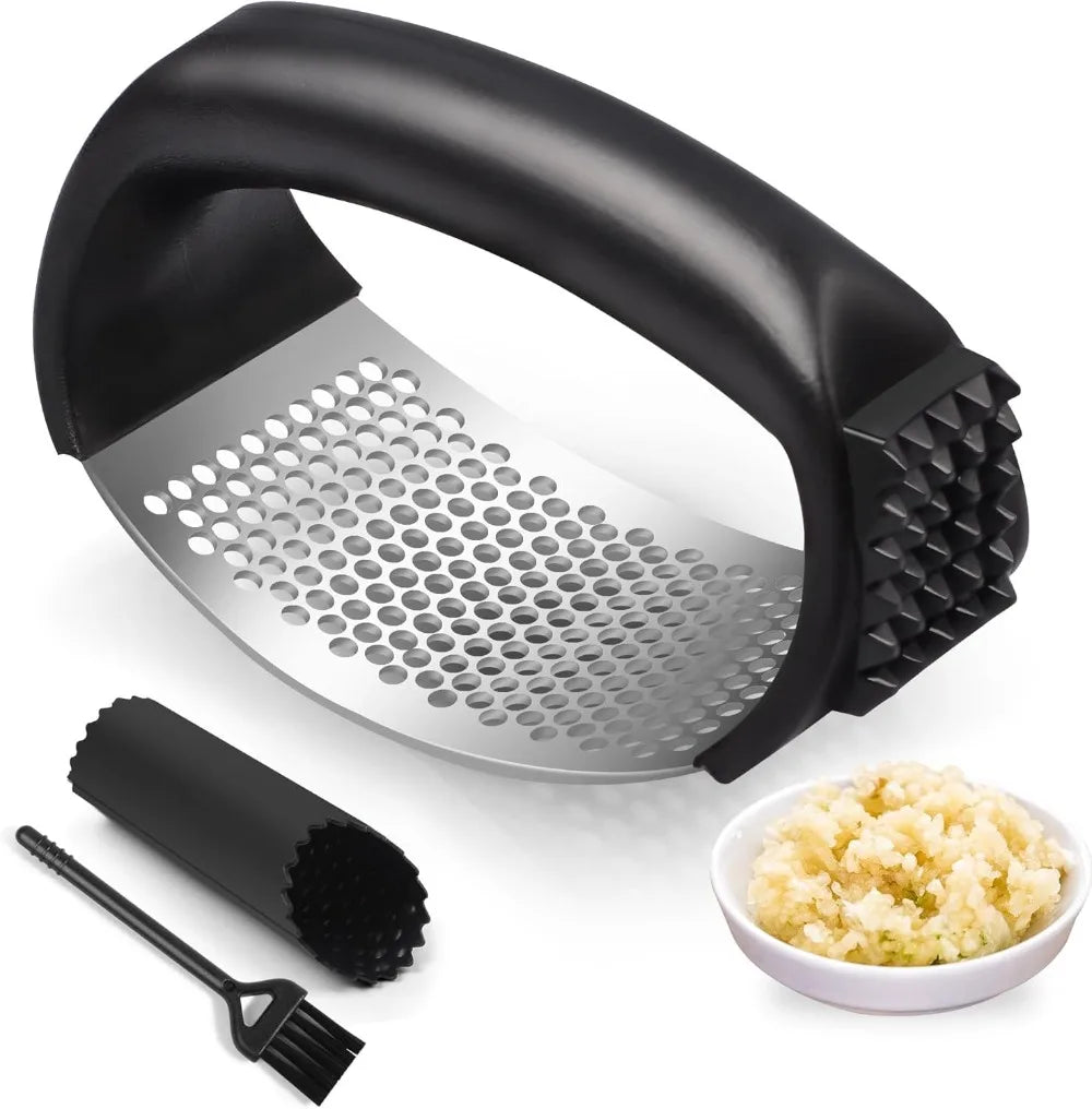 Garlic Press Rocker Stainless Steel Garlic Mincer Garlic Crusher Easy-Squeeze Tool with Peeler and Cleaning Brush for Smashing