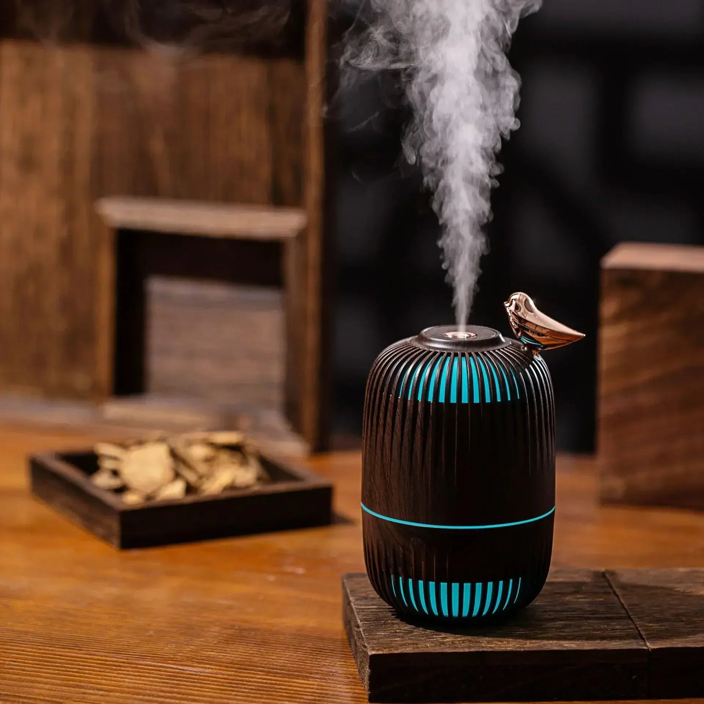 Mengniu Wood Grain Mini Ultrasonic Humidifier Office Home Use Dual Purpose Spray Moisturizer Atmosphere Light for Air Care