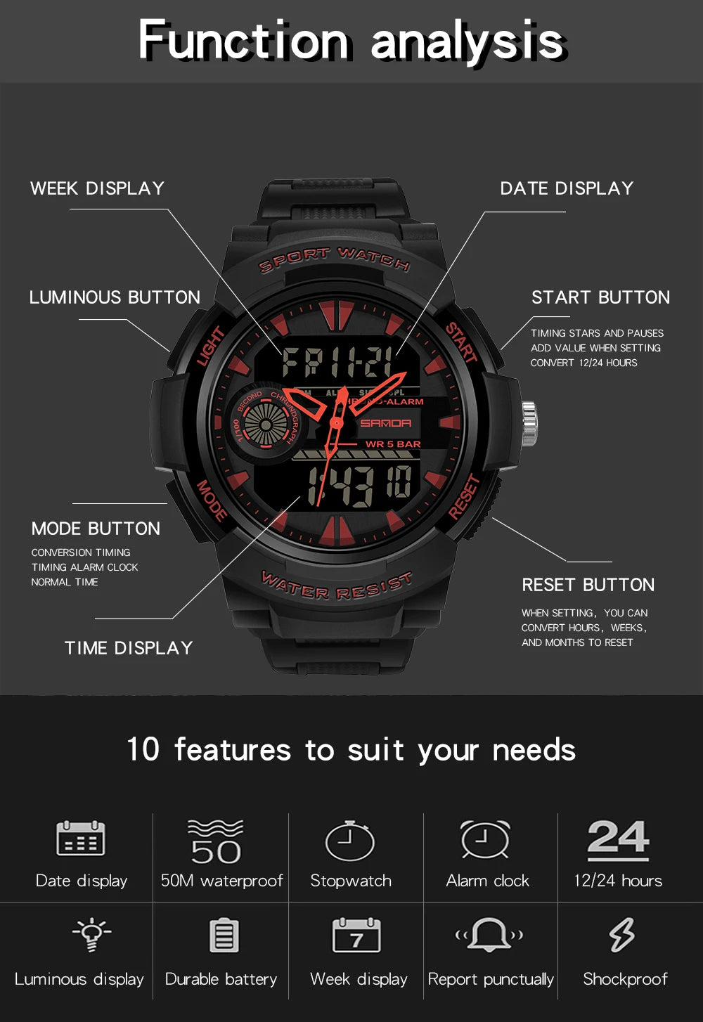SANDA 6002 Fashion Men's Electronic Watch Sports Multi functional Waterproof LED Dual Display Men's Electronic Watch