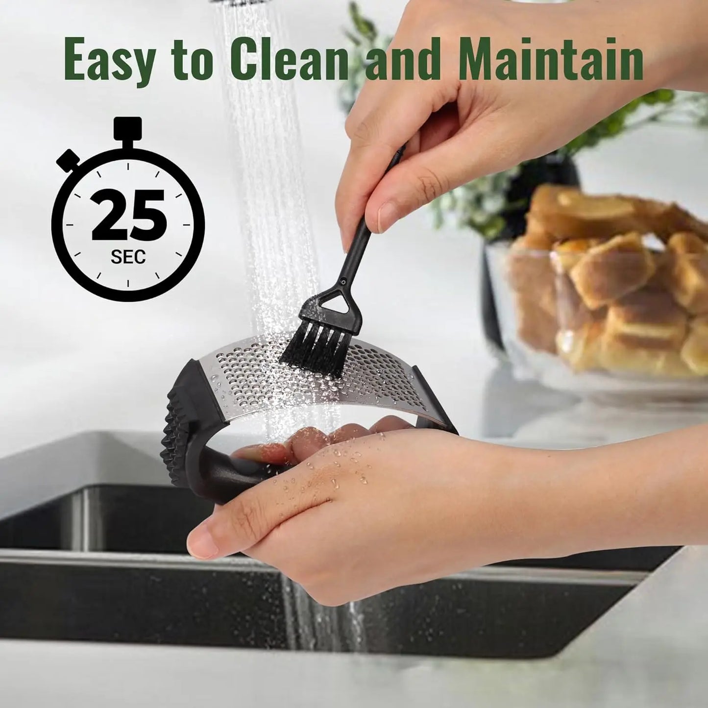 Garlic Press Rocker Stainless Steel Garlic Mincer Garlic Crusher Easy-Squeeze Tool with Peeler and Cleaning Brush for Smashing