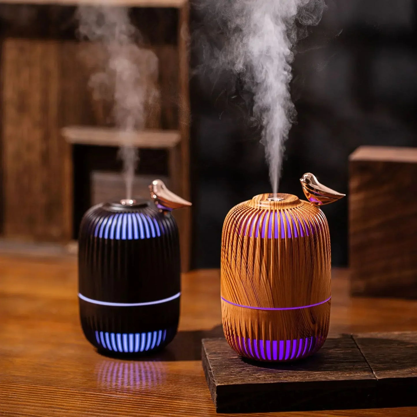 Mengniu Wood Grain Mini Ultrasonic Humidifier Office Home Use Dual Purpose Spray Moisturizer Atmosphere Light for Air Care