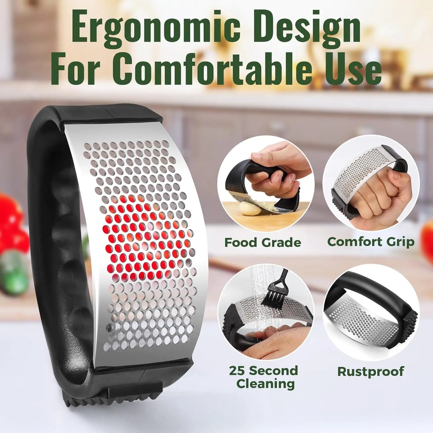 Garlic Press Rocker Stainless Steel Garlic Mincer Garlic Crusher Easy-Squeeze Tool with Peeler and Cleaning Brush for Smashing