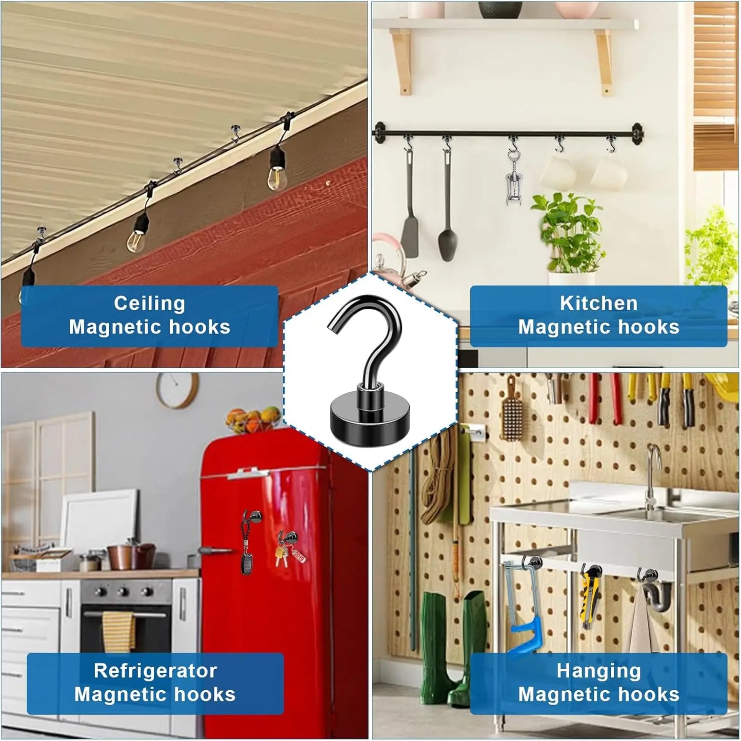 Magnetic Hooks Heavy Duty for Hanging, Magnet with Hooks for Home, Kitchen, Workplace, Office (Black, Pack of 4/6/8/12)