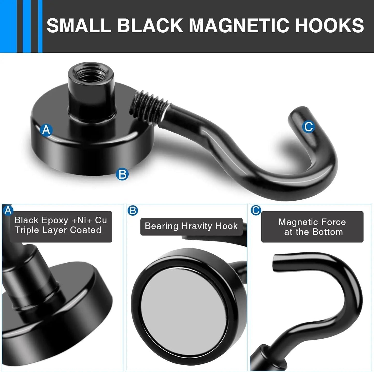Magnetic Hooks Heavy Duty for Hanging, Magnet with Hooks for Home, Kitchen, Workplace, Office (Black, Pack of 4/6/8/12)