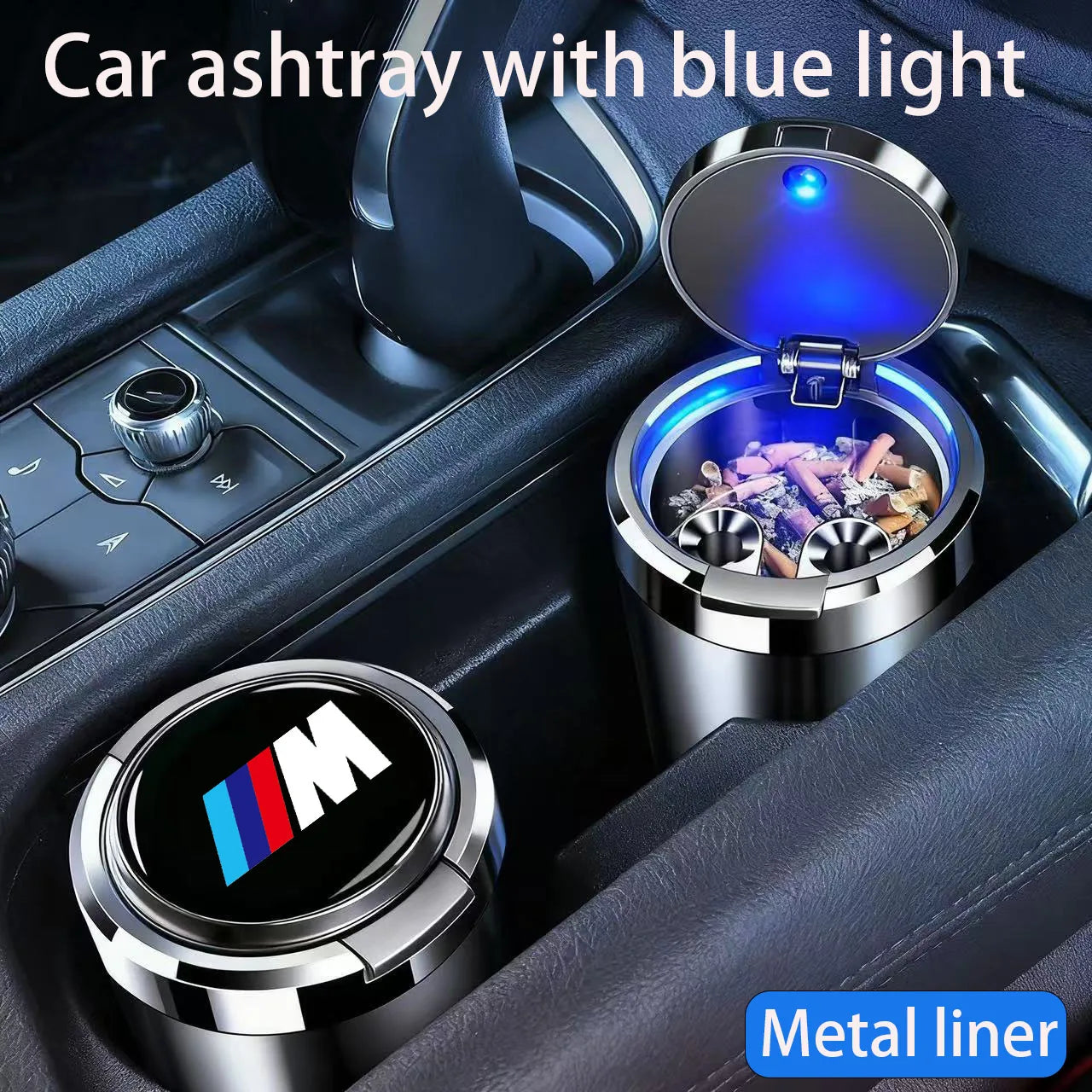 Car ashtray with blue LED light for BMW M E46 E90 E60 F01 F10 F20 F30 E36 E39 E87 M1 M2 M3 M5 X1 X3 X4 X5 X6 X7 G01 G02 G05 G30
