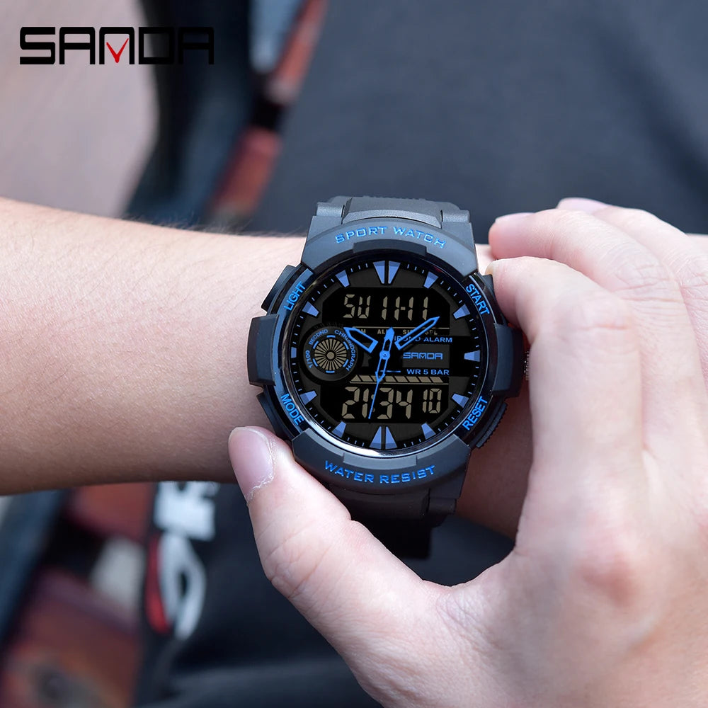 SANDA 6002 Fashion Men's Electronic Watch Sports Multi functional Waterproof LED Dual Display Men's Electronic Watch