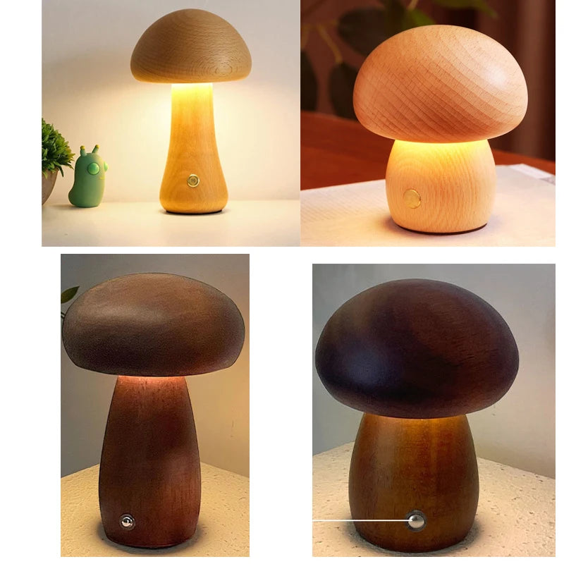 Mushroom Table Lamp LED Night Light with Touch Switch Wooden Cute Bedside Bedroom Children's Room Sleep Night Light Cosy Gift