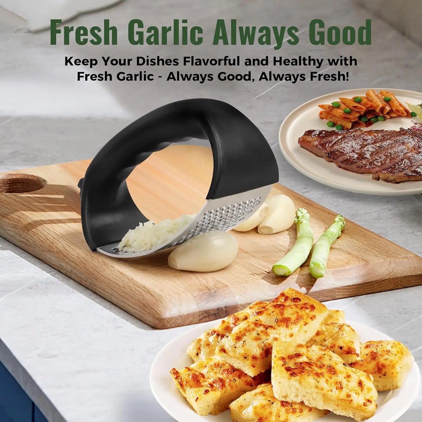 Garlic Press Rocker Stainless Steel Garlic Mincer Garlic Crusher Easy-Squeeze Tool with Peeler and Cleaning Brush for Smashing