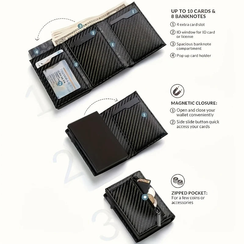 Men's Wallet with Zipper - Automatic Pop-up Metal Credit Card Holder