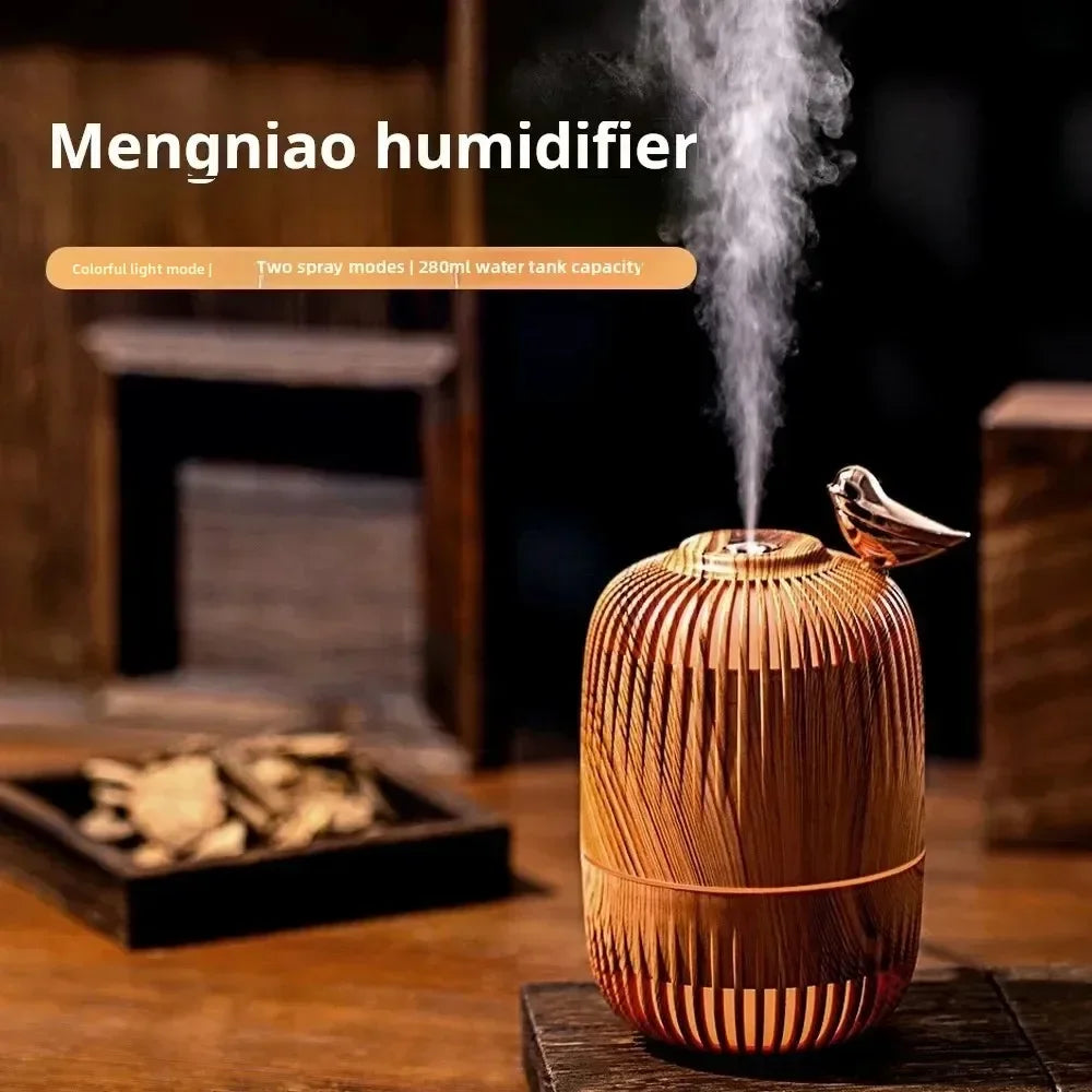Mengniu Wood Grain Mini Ultrasonic Humidifier Office Home Use Dual Purpose Spray Moisturizer Atmosphere Light for Air Care
