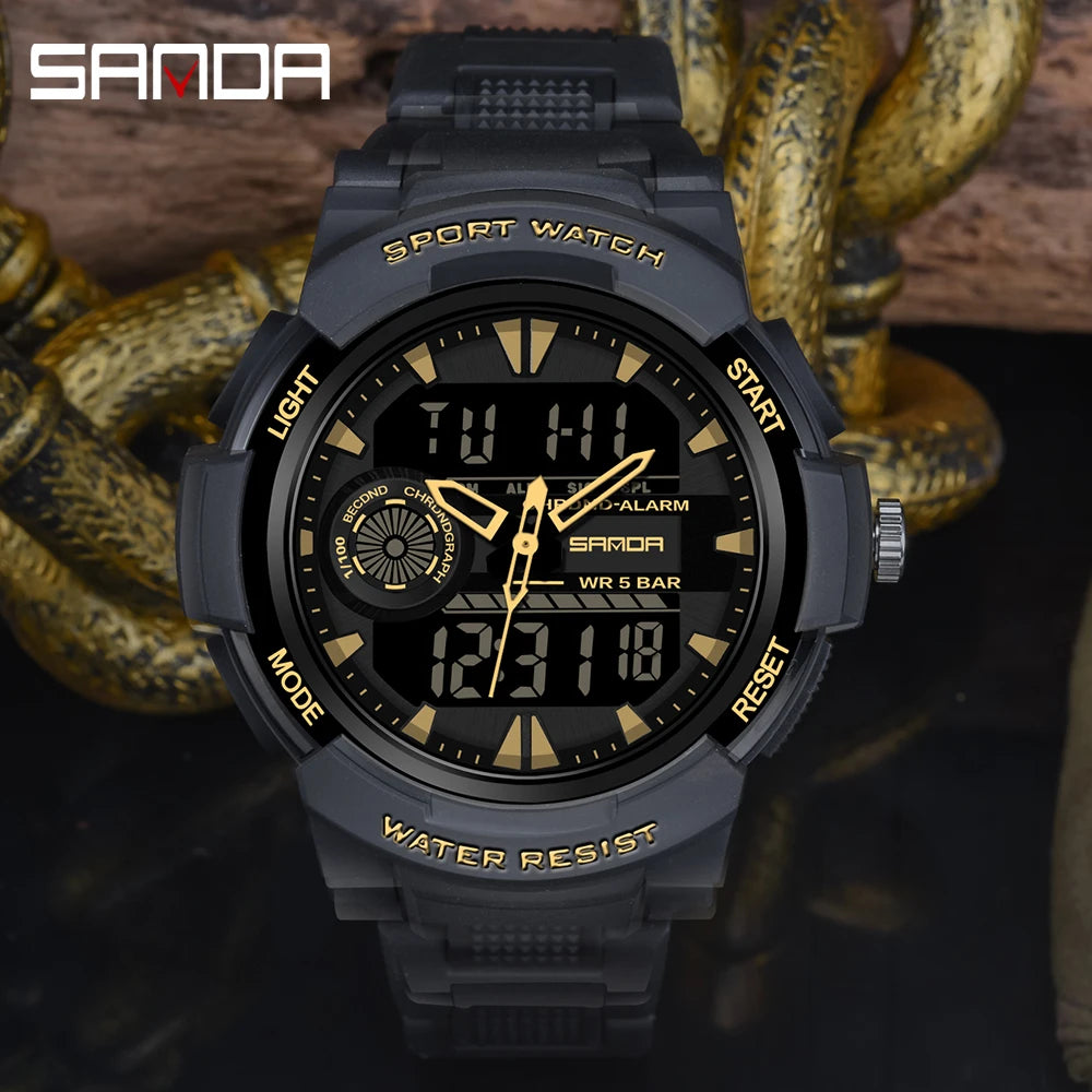 SANDA 6002 Fashion Men's Electronic Watch Sports Multi functional Waterproof LED Dual Display Men's Electronic Watch