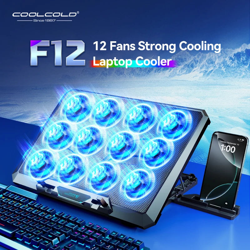 COOLCOLD Laptop Cooling Pad with 12 Quiet Fans,12-17.3 Inch Gaming Laptop Cooler Stand with Two USB Ports & Phone Holder