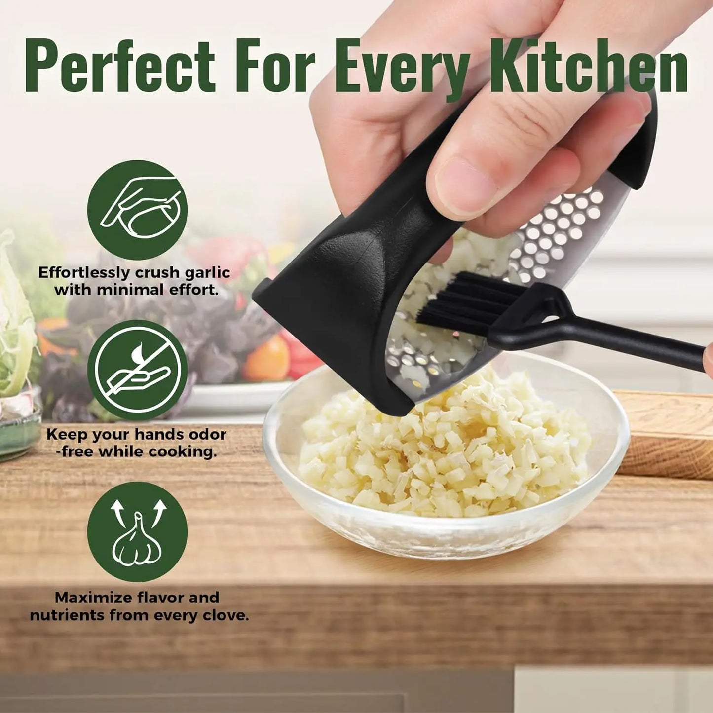 Garlic Press Rocker Stainless Steel Garlic Mincer Garlic Crusher Easy-Squeeze Tool with Peeler and Cleaning Brush for Smashing